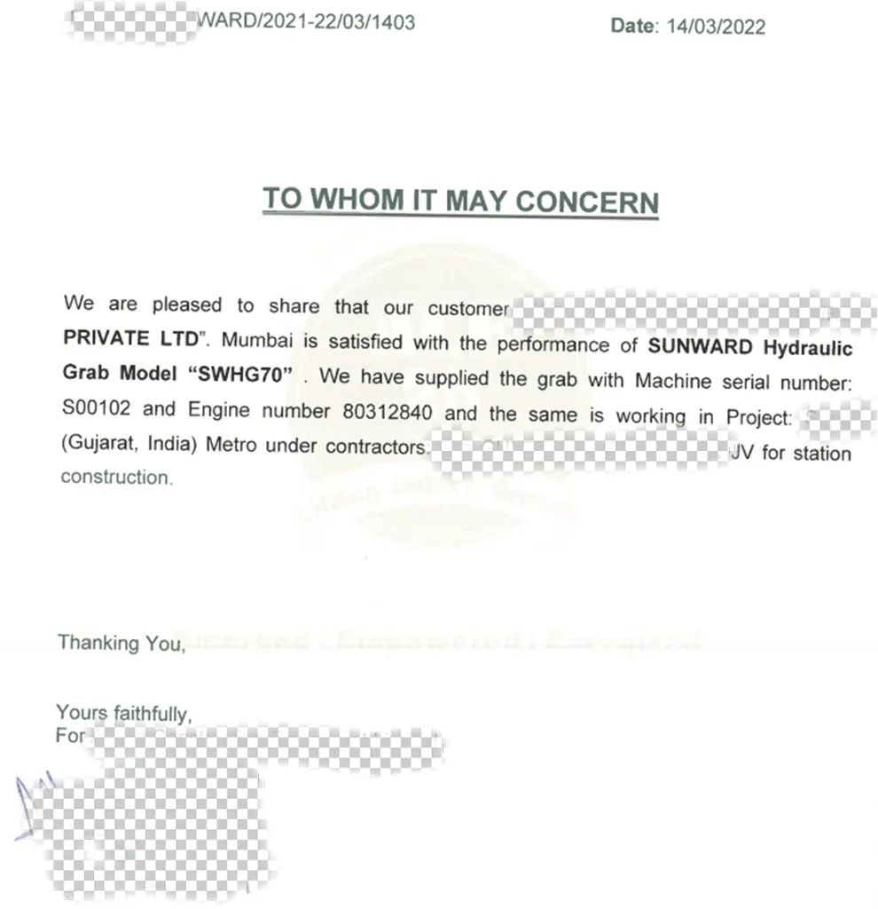 感謝信！山河智能SWHG70液壓抓斗助力海外基礎施工獲肯定