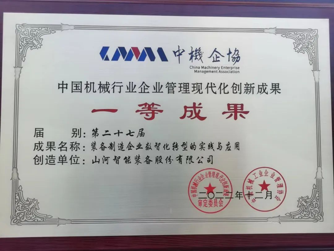 厲害！山河智能喜獲第二十七屆中國機械行業(yè)企業(yè)管理現(xiàn)代化創(chuàng)新成果一等獎