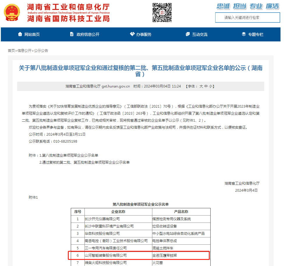 單冠三連！山河智能再獲國家制造業(yè)單項冠軍